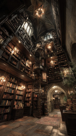 A vast library interior showcases towering bookshelves filled with books. Warm lighting illuminates the scene, highlighting architectural details and creating a cozy atmosphere. The composition emphasizes depth and perspective. This image could be used for editorial purposes, illustrating stories, or representing knowledge and education.の素材