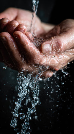 Two hands cradle flowing water in this close-up photograph. The image showcases the interaction between hands and water, emphasizing the fluid movement and transparency of the water. Soft lighting illuminates the scene, highlighting textures and forms. Suitable for various editorial and commercial applications.の素材