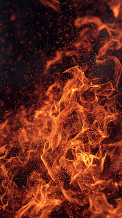 Abstract image showcases vibrant flames with fiery oranges and reds against a dark background. The composition highlights dynamic movement and textures. This visual element portrays heat and energy, potentially suitable for design, illustration, and conceptual projects. It suggests concepts of destruction, transformation, and creation.の素材