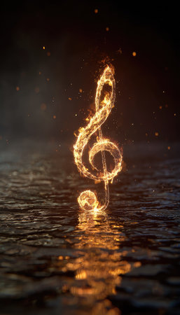An artistic representation features a flaming treble clef reflected in water. The symbol glows with warm orange and yellow hues against a dark backdrop. The composition is highly stylized, emphasizing texture and light. Suitable for use in visual content related to music, design, and conceptual themes.の素材