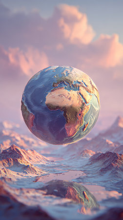 An illustration depicts the Earth floating above a textured, mountainous landscape. The scene is bathed in soft, diffused light, with a color palette of blues, pinks, and browns. This digitally created image offers a sense of vastness and could be used for various commercial or editorial projects related to environment or science.の素材