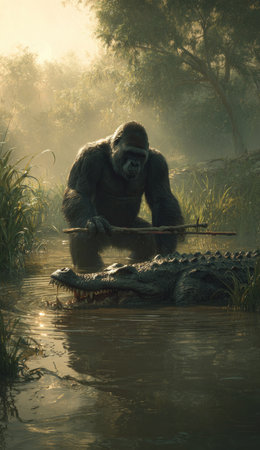 A gorilla is positioned near the water, observing a crocodile in this verdant wetland environment. The image showcases realistic textures with muted greens, browns, and soft lighting. This scene evokes a sense of wildlife, possibly suitable for editorial use or commercial projects related to nature and conservation.の素材