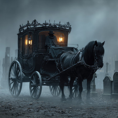 A gothic horse-drawn carriage sits in a cemetery shrouded in mist. The carriage, illuminated by lanterns, is pulled by a black horse. The scene features a dark, atmospheric style with a focus on textures and lighting. This image could be used for editorial purposes or as an illustration.の素材