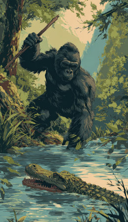 An illustration depicts a gorilla with a weapon confronting a crocodile in a natural setting. The artwork features lush greenery, with the animals interacting near water. The style evokes a classic illustrative approach, employing vibrant colors and detail. Suitable for diverse applications, it could be used for educational, editorial, or commercial purposes.の素材