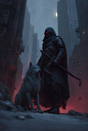 An armored figure, accompanied by a wolf, stands within a devastated urban landscape. The scene is defined by a cool color palette with touches of red, creating a somber mood. The artistic style conveys a sense of desolation, with indirect lighting highlighting textures. Suitable for illustrating themes of survival and post-apocalyptic concepts.の素材