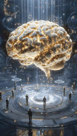 A luminous brain model dominates the scene, emanating light and surrounded by silhouetted figures on a circular platform. The futuristic interior features advanced technology and glowing lines, suggesting data and knowledge. The image uses a cool color palette with highlights, suitable for illustrating ideas about technology and innovation.の素材