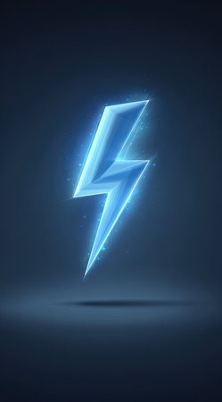 A digital illustration displays a stylized blue lightning bolt against a dark blue gradient backdrop. The illuminated symbol has a glowing effect, suggestive of energy and power. The composition employs soft lighting and a simple, yet visually striking presentation, suitable for various design projects and visual communication materials.の素材