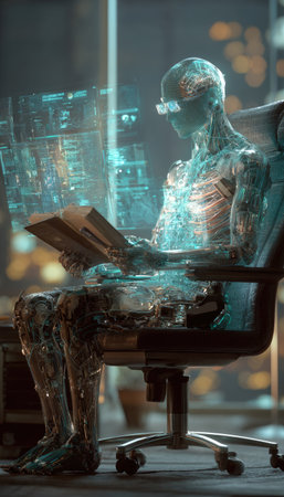 A cyborg is depicted sitting in a chair, engrossed in a data book. The image features a futuristic, digital aesthetic with glowing elements. The scene incorporates blue and teal color tones, suggesting a technological environment. This visual is suitable for illustrations about future technology, artificial intelligence, or scientific concepts.の素材