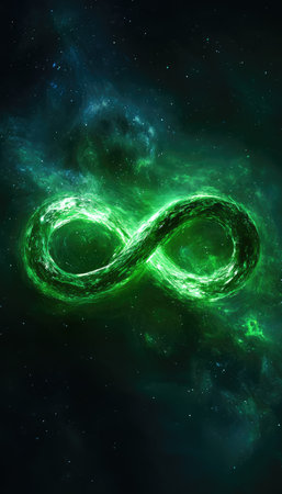 An illuminated infinity symbol glows with green light, set against a dark, cosmic background. The artwork showcases an abstract nebula with swirls of teal and dark blue, creating a sense of depth. The imageの素材