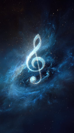 An illuminated treble clef symbol shines against a backdrop of swirling blue and dark space. The composition emphasizes the bright, luminous quality of the central form. Its artistic presentation may suit a range of creative projects, suitable for both commercial and editorial applications. The image has a visual texture.の素材