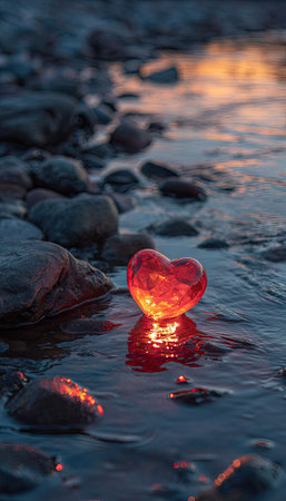 A radiant red heart-shaped object rests in calm water, reflecting light against a backdrop of dark stones. The image showcases the object in a serene environment, possibly at dusk or dawn. The photograph's composition emphasizes the contrasting textures and colors, suitable for various artistic and commercial applications.の素材
