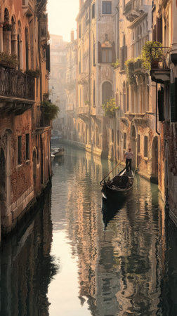 A gondola glides through a narrow canal framed by aged buildings. Warm sunlight bathes the scene, illuminating the water and reflecting on the weathered facades. The composition emphasizes depth, with a focus on architecture and transportation. Suitable for travel, tourism, and historical themes.の素材