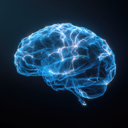 A digital illustration presents a glowing brain structure overlaid on a dark backdrop, showcasing interconnected energy pathways. The vibrant blue color with bright highlights creates a sense of technology and complexity. This composition is suitable for scientific visualizations, educational content, or commercial projects related to the mind.の素材