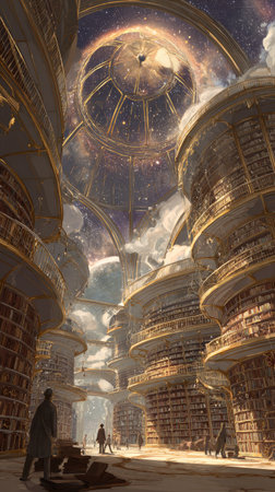 An architectural illustration depicts an expansive library interior. Curved shelves filled with books ascend, bathed in ethereal light. The composition features a celestial backdrop and the play of light and shadow, highlighting the interior structure. This image could be used for various commercial or editorial purposes.の素材