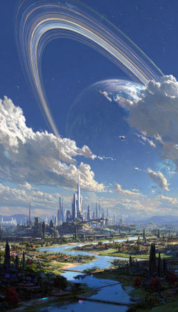 An imaginative digital artwork presents a futuristic cityscape beneath a planet encircled by luminous rings. The composition features a blue sky dotted with puffy clouds, while the landscape combines various architectural structures. This imagery may be suitable for illustrating concepts of science fiction, technology, or environmental design in multiple applications.の素材