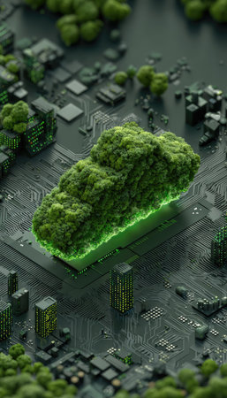 An artistic representation features a stylized cloud comprised of lush green foliage, positioned above a circuit board. The image displays a unique composition with bright green highlights against a dark backdrop. This conceptual illustration conveys ideas of environmental consciousness and technological advancements suitable for various design projects.の素材