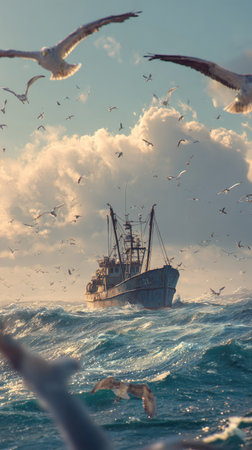A fishing vessel sails across a turbulent ocean, surrounded by numerous seagulls in flight. The image presents a vibrant scene with blue and white tones, emphasizing the movement of the water. Soft sunlight illuminates the environment, suggesting a daytime setting. It can be used for various commercial or editorial purposes, particularly relating to maritime themes.の素材