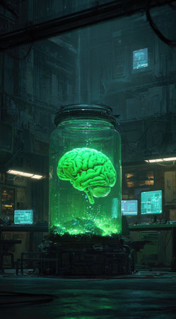 An illustration depicts a glowing green brain preserved within a large glass jar. The image features a futuristic laboratory setting with multiple computer screens and equipment, illuminated by an ethereal green light. The scene evokes scientific research and technology, suitable for editorial and commercial applications.の素材