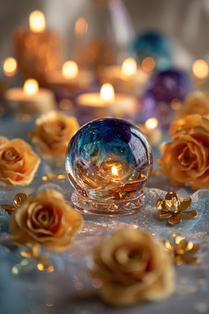 A close-up captures a collection of lit candles and a glass orb, showcasing a warm color palette of gold and blue. The composition, utilizing soft focus, creates a dreamy atmosphere, with reflections adding depth. The image suits various commercial applications, including editorial and marketing materials.の素材