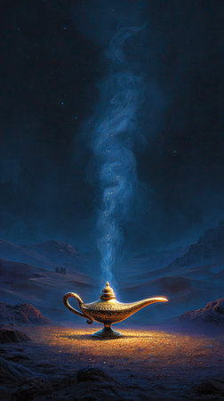 A golden lamp emits blue smoke, ascending into a dark, expansive sky. The image features dramatic lighting with a focus on the lamp and smoke. The composition suggests a mystical setting, possibly used in creative projects or for illustrative purposes. The visual style uses vivid colors and textures to create a captivating scene.の素材