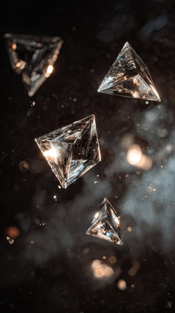 The image features several transparent, crystal-like pyramids suspended against a dark, nebulous backdrop. The lighting highlights their facets, creating a play of light and shadow, with subtle warm tones. This artistic composition might be suitable for abstract design projects, or conceptual illustrations in various media.の素材