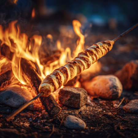 A close-up captures a bread roll roasting over a campfire. The scene is illuminated by the warm glow of flames, showcasing textures of the bread, wood, and stones. The lighting suggests an outdoor setting, possibly for recreation. The image is suitable for various commercial purposes, including culinary content.の素材