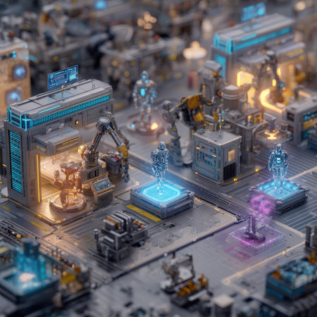 An illustration depicts a futuristic city with technological elements. The scene features metallic structures, illuminated panels, and robotic figures. Overhead lighting casts shadows across the composition. This image suits various commercial uses, including science fiction content or visual representations of innovation and technology.の素材