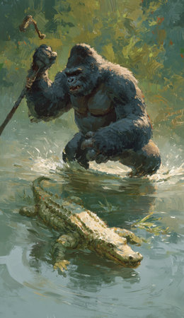 An illustration depicts a gorilla standing in a river, facing an alligator. The artwork features a detailed style with natural colors and textures, suggesting an outdoor environment. It may be suitable for editorial content or commercial uses related to wildlife or nature.の素材