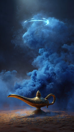 A golden lamp rests on a textured surface in front of a cloud of blue smoke. The image showcases a mystical, fantasy scene, with dramatic lighting enhancing the ethereal atmosphere. It's suitable for illustrating themes of magic, wishes, or storytelling, and could be utilized in various media contexts.の素材