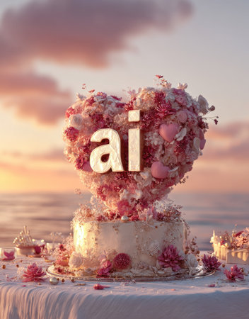 A heart-shaped cake made of flowers features "ai" lettering. The image presents a vibrant composition with pastel colors and a soft focus. The scene unfolds outdoors, against a sunset sky. The artwork is suitable for various commercial purposes, including design and creative projects.の素材