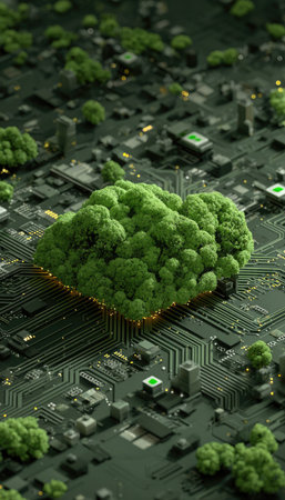 This image depicts an abstract composition, showcasing a green, plant-like structure emerging from a circuit board. The visual features include various shades of green, with intricate textures. The lighting appears to be diffused. This image might be suitable for illustrating themes related to technology, environment, or digital sustainability.の素材