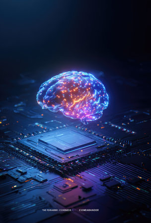An illuminated brain hologram hovers above a computer circuit board in a dark environment. The image features vibrant blue, orange, and purple hues with a modern, technological aesthetic. The composition emphasizes the connection between human intellect and computer systems. This visual is suitable for concepts related to technology, innovation, and futuristic design.の素材