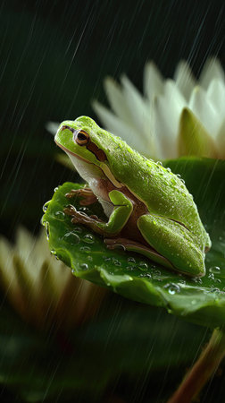 A green tree frog sits on a leaf, with water droplets visible. The image displays natural lighting and a macro composition. The setting seems to be a lush environment, possibly near water lilies. The photograph could be used for educational, editorial, or commercial purposes.の素材