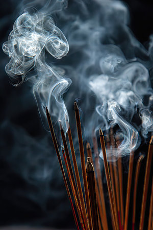 The image features a cluster of incense sticks, with visible smoke curling and billowing against a dark backdrop. The smoke exhibits various textures and forms. The visual style appears artistic. This image may be suitable for illustrating meditation, spirituality, or ambiance, potentially for commercial applications.の素材