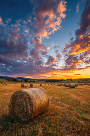 This image showcases hay bales scattered across a field during sunset. The sky is filled with colorful clouds, creating a vibrant scene of orange, purple, and blue hues. The composition includes details of the hay, ground textures, and environmental lighting. This photo is suitable for a range of commercial or editorial applications.の素材