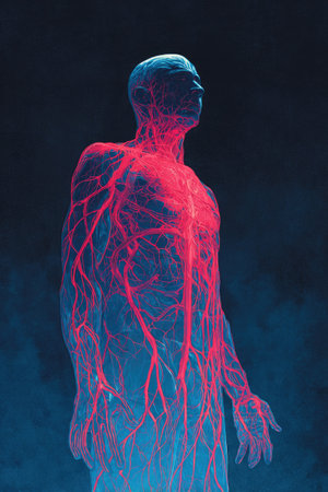 An anatomical illustration presents the human circulatory system in vibrant red against a dark blue figure. The artistic rendering employs a gradient effect, highlighting the vascular network. Suitable for medical education, scientific publications, and conceptual designs, this image offers visual interest with its unique aesthetic.の素材