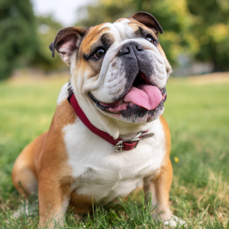 A close-up portrait showcases a friendly bulldog with a red collar, set against a blurred background of green grass and foliage. The image displays the dog's open mouth and tongue, in natural sunlight, emphasizing the animal's features. Suitable for various editorial and commercial applications.の素材