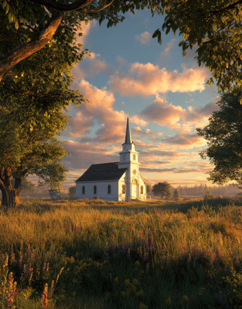 A quaint church stands serene amidst a golden field, bathed in the warm hues of a setting sun. The composition highlights a building with a white steeple. The sky is a canvas of orange and blue. The scene evokes a sense of peace. This image could be used for various projects, including religious or nature-themed publications.の素材