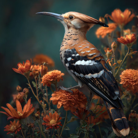 A hoopoe bird with distinctive plumage is perched amongst orange flowers. The image showcases the bird's unique characteristics, including its long beak and crested head. The composition highlights the interaction between the bird and its floral environment, with a shallow depth of field. Ideal for nature, wildlife, and design projects.の素材