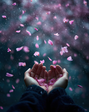 The image shows two hands gently cupped, catching falling pink flower petals. The scene features a soft, blurred background with similar colored petals, suggesting a gentle breeze. The overall composition creates a romantic feel suitable for various artistic and commercial projects, evoking themes of beauty and tranquility.の素材