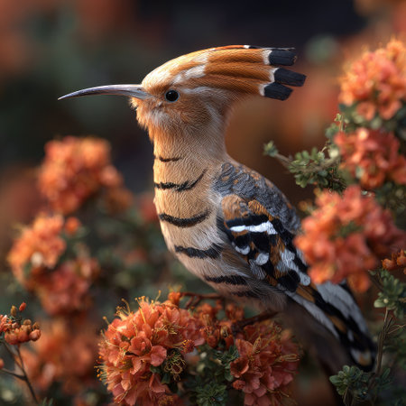 A hoopoe bird is the main subject, perched amidst orange flowers and green foliage. The close-up shot displays detailed textures and feather patterns, with warm tones dominating the scene. The image exhibits a naturalistic style, possibly captured outdoors, and could be utilized for various commercial and editorial applications.の素材