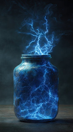 An image showcases a glass jar containing a powerful blue lightning bolt. The composition features a dark, moody background enhancing the striking contrast. The illustration style emphasizes the energetic quality of the depicted phenomenon. Suitable for commercial projects or editorial use related to power and science.の素材