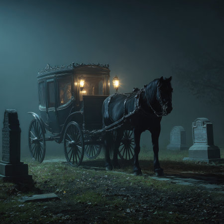An antique horse-drawn carriage stands in a misty cemetery. The scene is illuminated by dim lights, creating shadows and a sense of mystery. The dark tones, along with the fog, add to the eerie atmosphere. This image could be used for conceptual art, design projects, or editorial illustrations.の素材