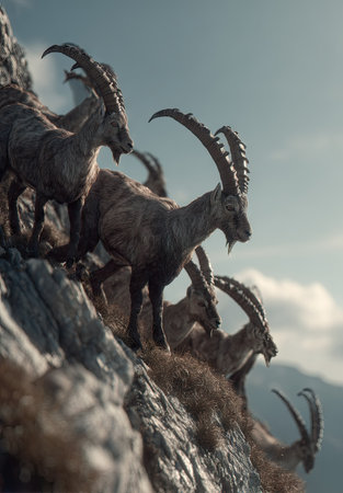 A group of ibex stand on a steep, rocky mountainside, their large horns prominent. The animals are in silhouette against a soft, overcast sky. The image features natural lighting and a realistic style. It could be used for wildlife documentaries, educational materials, or environmental campaigns.の素材