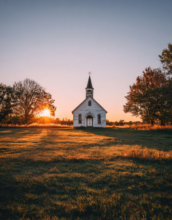 An aged white church stands in a field bathed in the warm light of a setting sun. The image features natural colors, a clear sky, and a picturesque composition. The scene suggests a tranquil atmosphere, potentially suitable for editorial content or commercial applications.の素材
