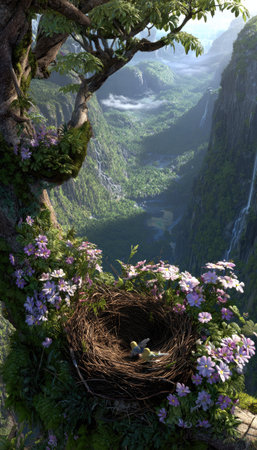 An aerial perspective showcases a dense forest canyon and a bird nest in the foreground. Soft sunlight bathes the scene, illuminating the vibrant green of the foliage and the intricate details of the nest. The image evokes a sense of tranquility, ideal for nature-themed projects, editorial content, and decorative applications.の素材
