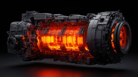 An industrial machine engine is presented against a black backdrop, showcasing its intricate internal components. The image features a blend of dark grey textures with vibrant orange and red illumination within. The composition suggests a technical or mechanical focus, suitable for a range of commercial applications.の素材