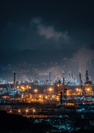 An industrial area is illuminated against a dark sky, showcasing various structures. The scene features multiple light sources, creating a contrasting interplay between bright and dim areas. This image, with its complex composition, could be suitable for commercial and editorial uses related to industry or urban landscapes.の素材