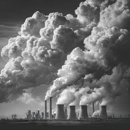 An industrial cityscape is depicted with large, billowing clouds of smoke emanating from numerous smokestacks. The image showcases a monochrome palette, highlighting the texture and form of the smoke against a darkened sky. This composition could be used in projects related to environmental issues or industrial processes.の素材