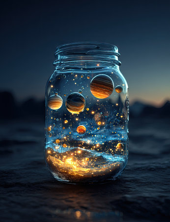 A glass jar filled with miniature planets and luminous cosmic elements is presented against a dark, blurred background. The image showcases a surreal, imaginative composition featuring vibrant colors and a play of light. This artwork is suitable for use in various creative projects, including editorial features and commercial applications.の素材